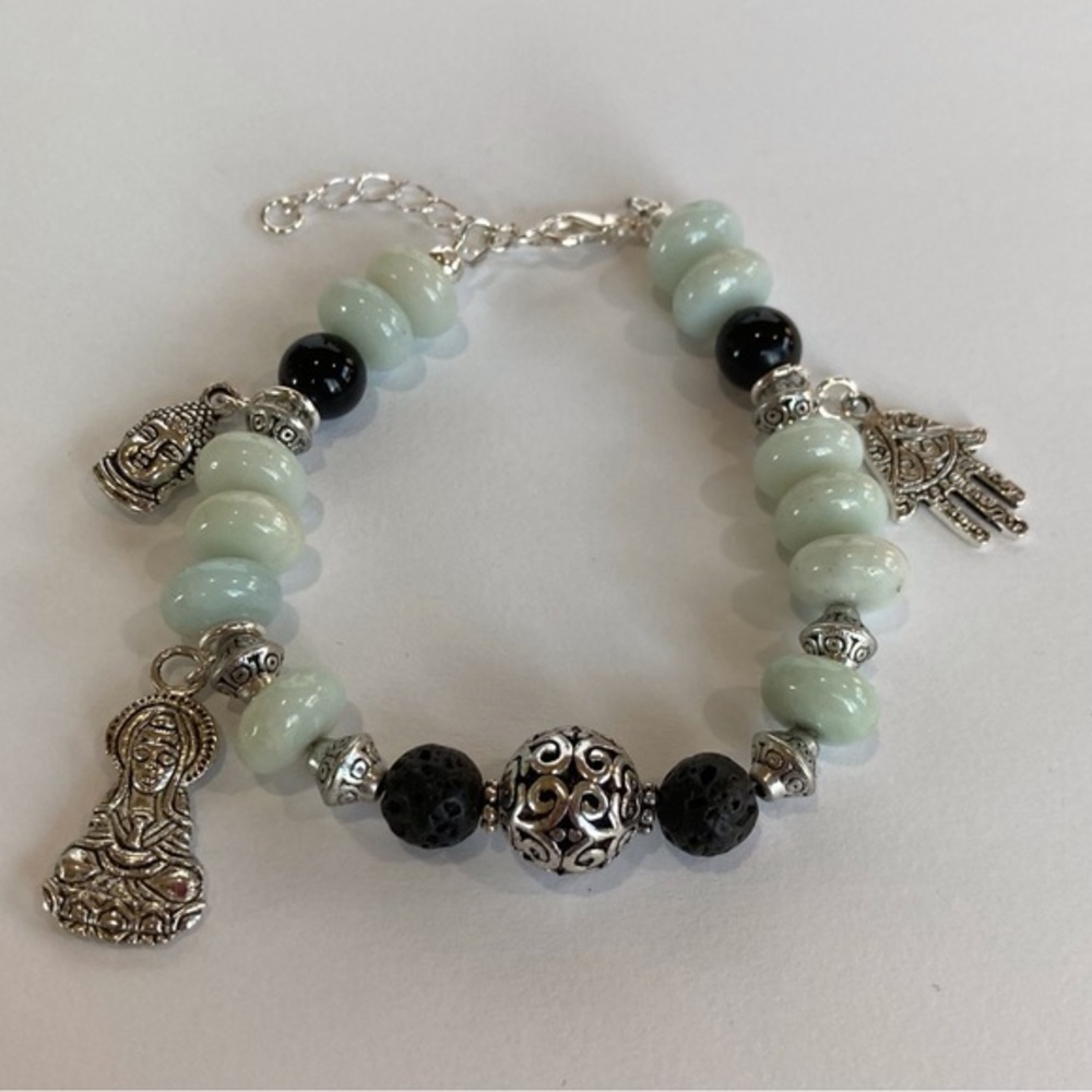 HAND CRAFTED Amazonite & Onyx Yoga Oil Diffuser Bracelet, 6.5"